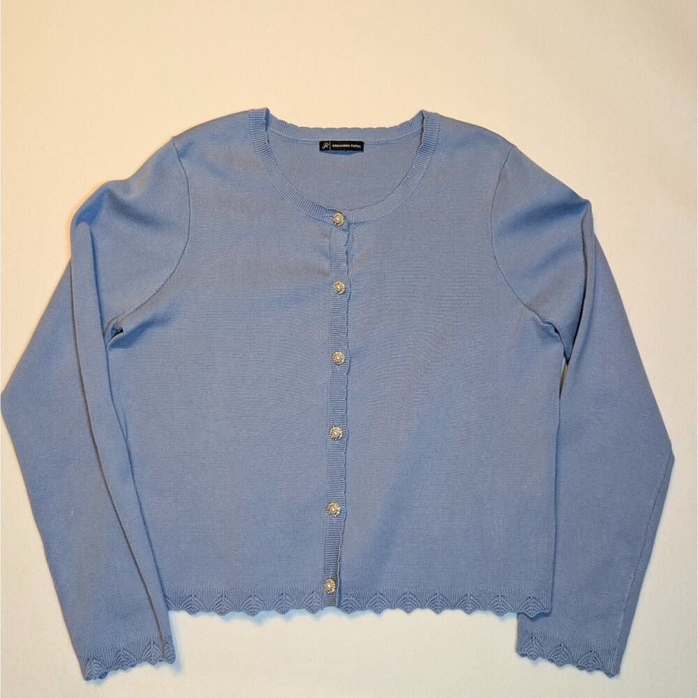 Adrianna Papell Blue Cardigan Sweater - Pearl & Rhinestone Buttons, Scalloped...